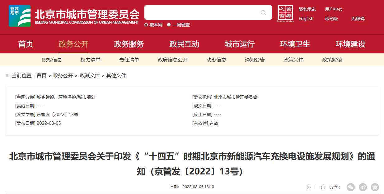 北京发布“十四五”时期新能源车充换电设施