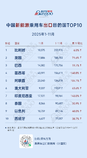 欧洲稳居新能源市场核心，比利时持续领跑丨2025年1-11月，中国乘用车出口到哪了？(图2)