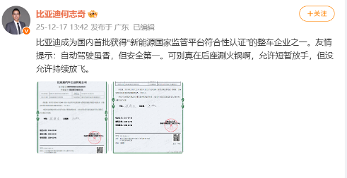 何志奇：比亚迪获得“新能源国家监管平台符